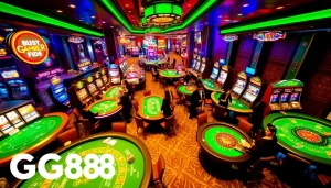 Casino gaming tables and slot machines highlighting gg88 for an immersive gambling experience.