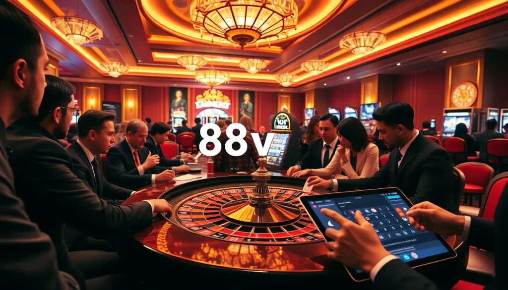 88vv players enjoying a thrilling game of roulette in a luxurious casino.