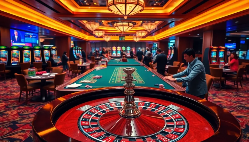Experience the excitement of dn88 bet with a glamorous casino scene featuring poker tables and vibrant slot machines.