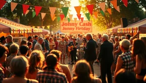 JohnnyCashBirthday.com festival scene celebrating Johnny Cash with live music and joyful crowd.