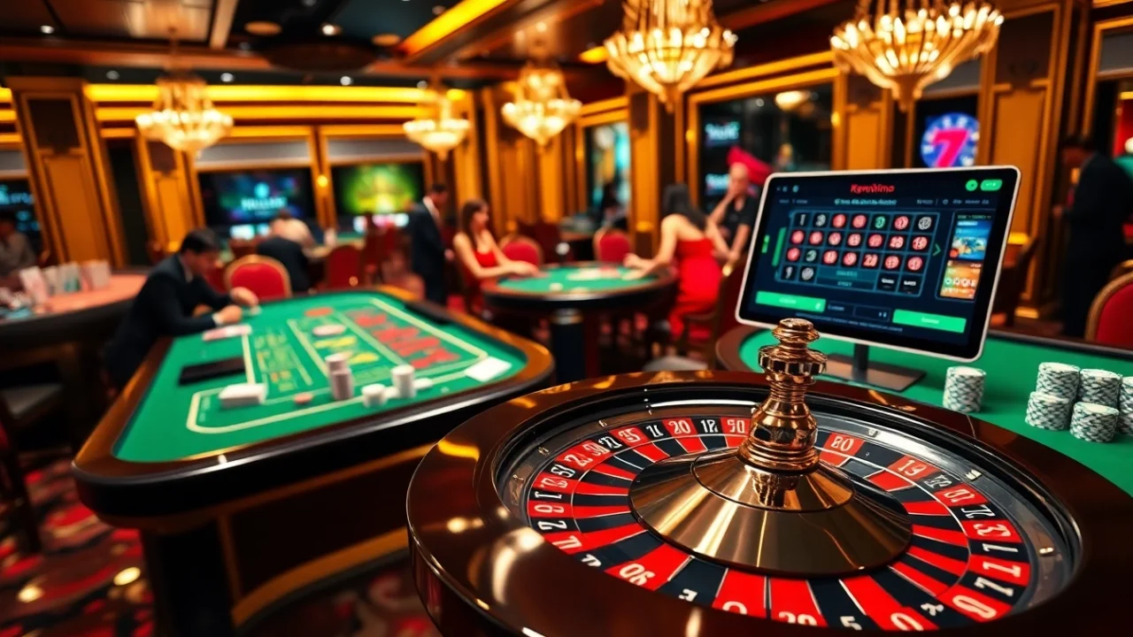 Engage in online gaming excitement at luckywin88 with casino tables and vibrant roulette wheels.