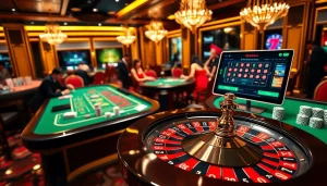 Engage in online gaming excitement at luckywin88 with casino tables and vibrant roulette wheels.