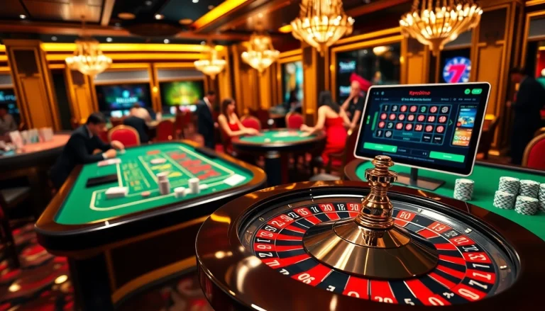 Engage in online gaming excitement at luckywin88 with casino tables and vibrant roulette wheels.