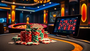 Experience the thrill of winning at 5z777 with vibrant casino gaming visuals featuring poker chips and roulette.