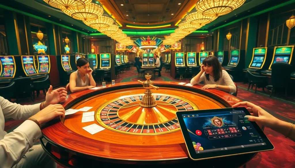 Experience the thrill of king888 with vibrant casino action around a classic roulette table.