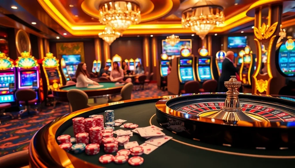 Experience the thrill of tải sunwin in a glamorous casino scene with vibrant gaming tables and luxurious slot machines.