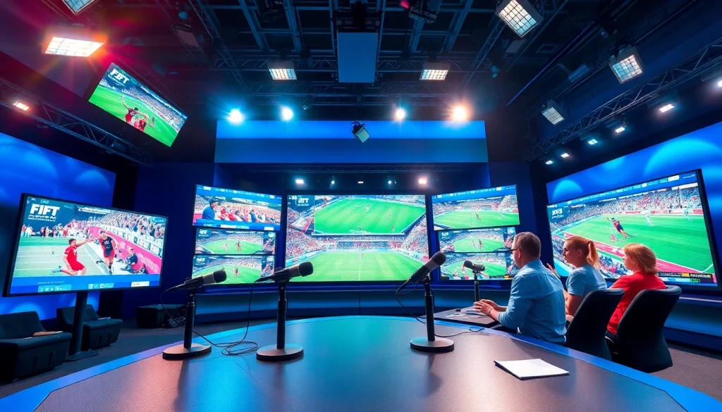 Engaging scene of sports broadcasting with hosts discussing live events in a vibrant studio.