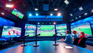 Engaging scene of sports broadcasting with hosts discussing live events in a vibrant studio.