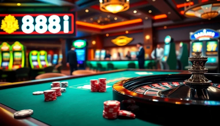 Experience the thrill of casino gaming with 88i-themed poker tables and vibrant slot machines.