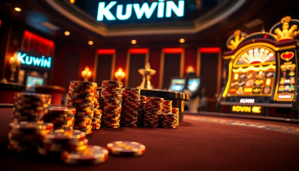 Kuwin casino scene featuring elegant gaming tables, vibrant roulette wheel, and luxurious poker chips.