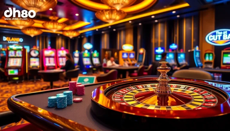 Experience thrilling gameplay at https://dh88vn.com/ with vibrant poker chips and an exciting roulette wheel.