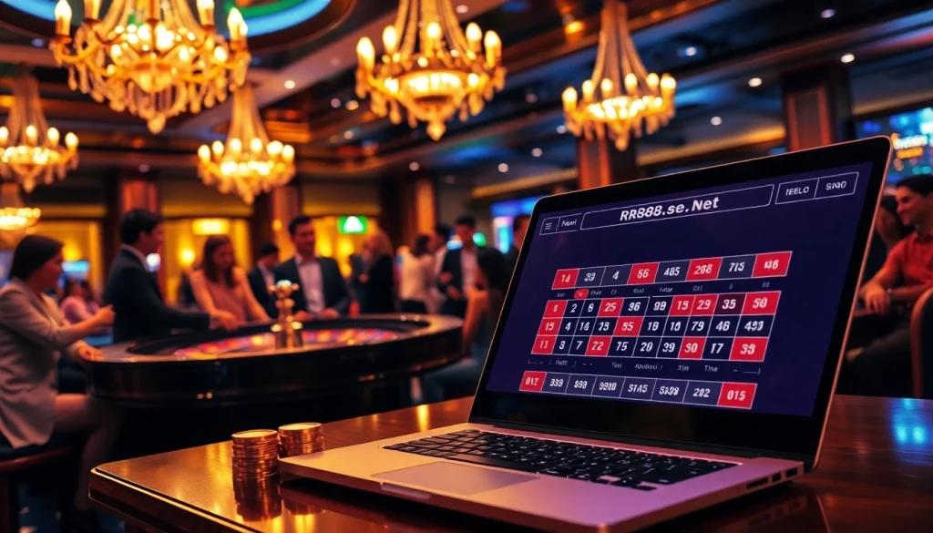 Experience the thrill of rr88.se.net with a vibrant casino scene showcasing roulette and poker excitement.