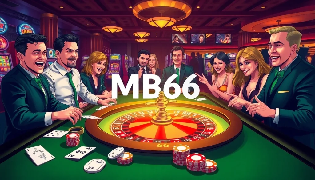 Engaging casino scene showcasing MB66 branding with poker table, cards, and players' excitement.