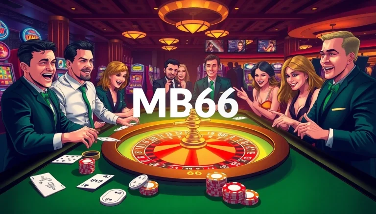 Engaging casino scene showcasing MB66 branding with poker table, cards, and players' excitement.