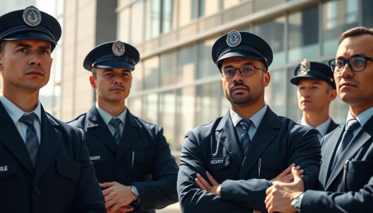 Vigilant security guards for hire near me ensuring safety in an urban office setting.