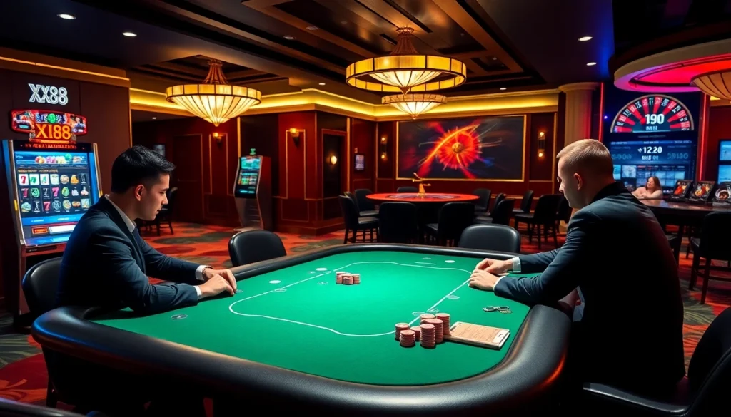 Experience the thrill of gambling at XX88 with an elegant casino atmosphere featuring poker, roulette, and slots.
