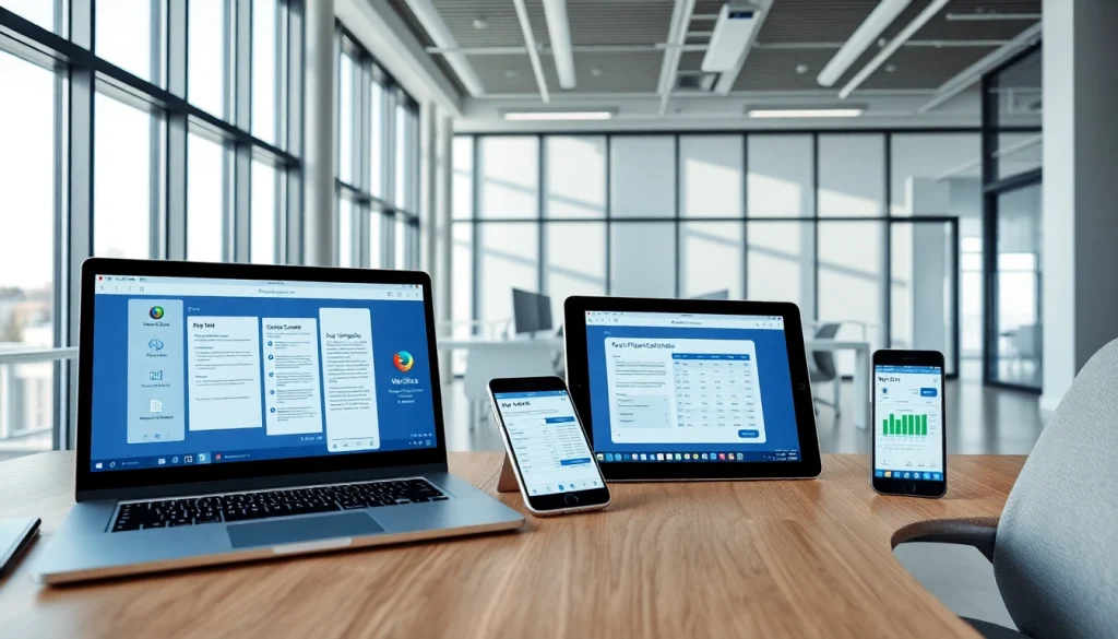 现代化办公空间，在多设备上展示 WPS Office，强调生产力与创新。