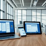 现代化办公空间，在多设备上展示 WPS Office，强调生产力与创新。