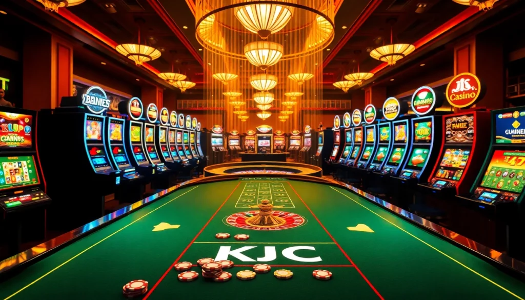 KJC gaming table with vibrant slots and poker chips, showcasing an exciting casino atmosphere.