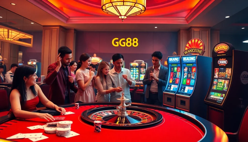 Feel the thrill of online gambling at https://gg88.biz/ with diverse players engaging at a vibrant casino table and slot machine.