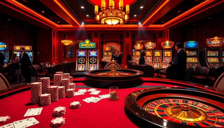 An immersive casino scene showcasing exciting games like poker and roulette at https://kwin.bio/ with luxurious decor and atmosphere.