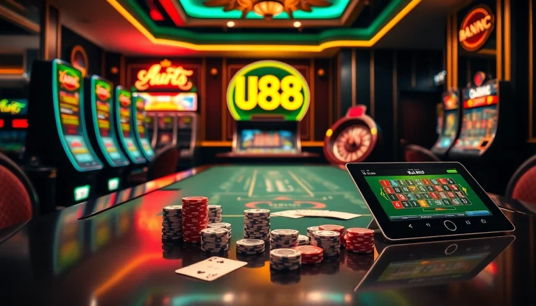 Experience the excitement of U88 gaming at a luxury casino, featuring vibrant tables and thrilling slot machines.