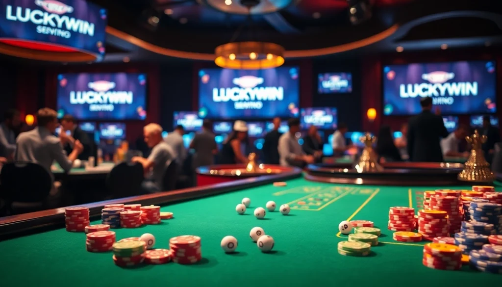 Engaging in a thrilling LUCKYWIN casino experience with vibrant tables, chips, and roulette.