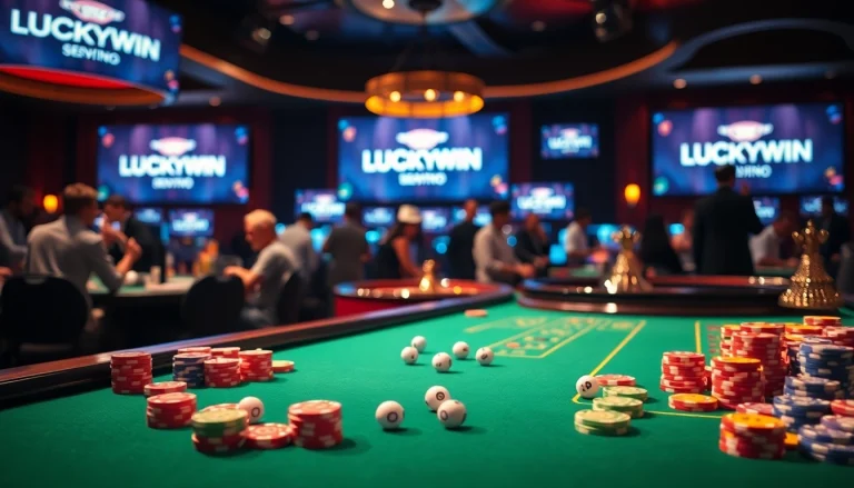 Engaging in a thrilling LUCKYWIN casino experience with vibrant tables, chips, and roulette.