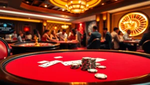 Experience the thrill of gaming at SV388.com with luxury casino visuals featuring poker tables and roulette wheels.