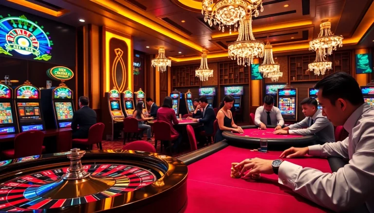Experience the thrill of gambling with a vibrant casino scene featuring CM88-inspired gaming dynamics and luxurious ambiance.