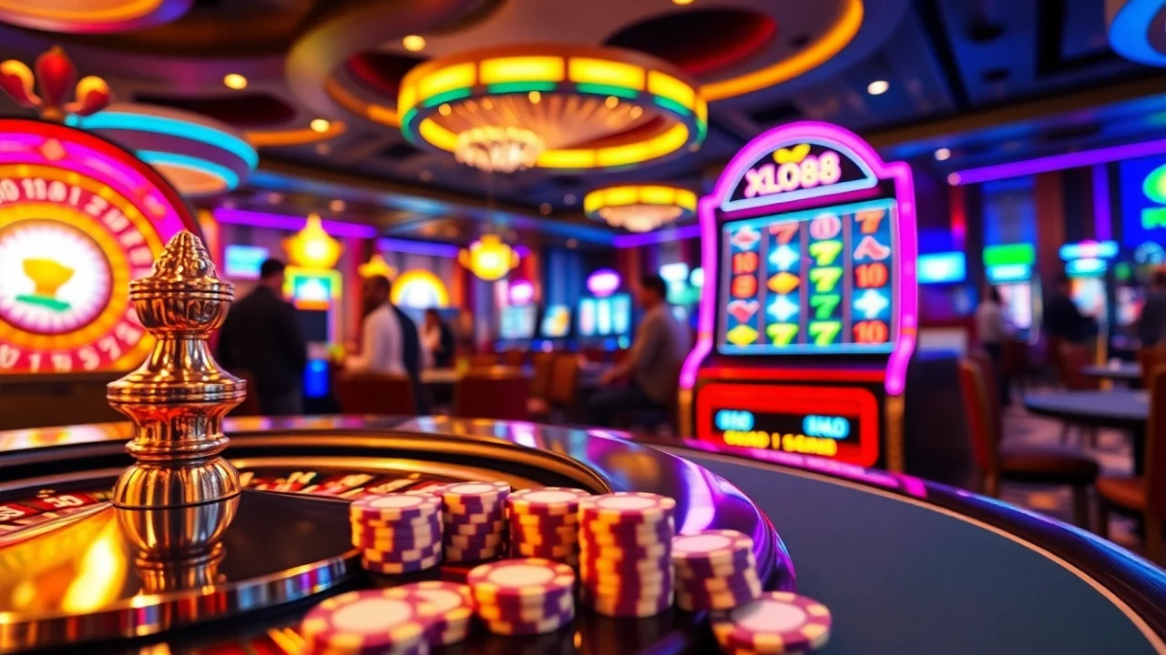 Experience excitement with slot x88 at a luxurious casino, featuring vibrant slot machines and roulette.