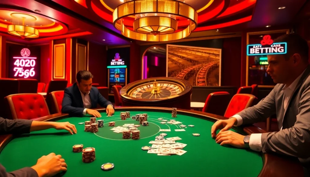Players strategizing at the poker table while enjoying the thrilling atmosphere at https://keobongda88.co/ casino.
