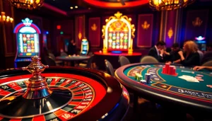 Experience the thrill of e2bet.com with a vivid casino scene featuring roulette and poker tables.