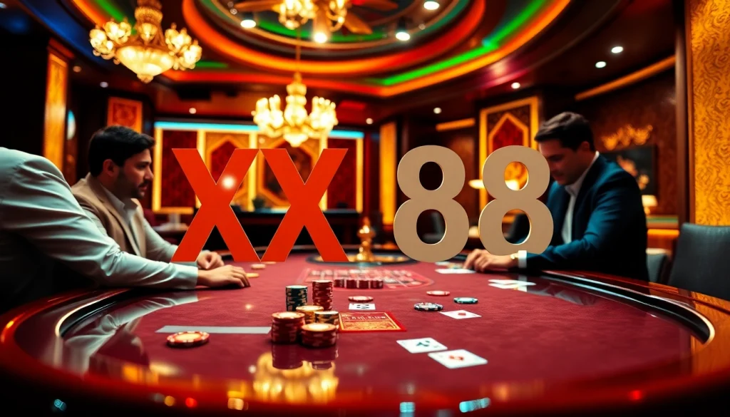 Engaged players at the XX 88 poker table enjoy high-stakes gameplay under vibrant lighting.