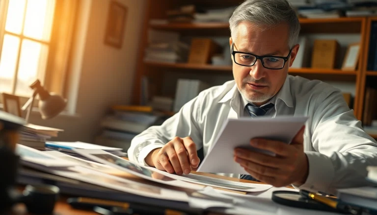 A professional investigator diligently examines evidence at a desk, showcasing a focused and serious atmosphere.