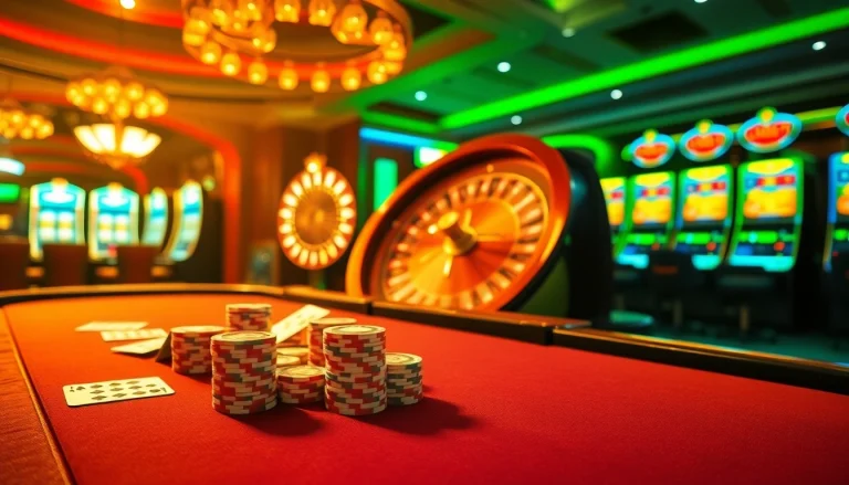 Experience high-stakes excitement at https://vaobet.jp.net/ with a vibrant casino scene featuring a poker table, roulette wheel, and slot machines.