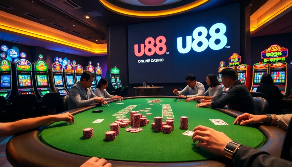 Play at u88 casino table with vibrant chips and lively atmosphere.