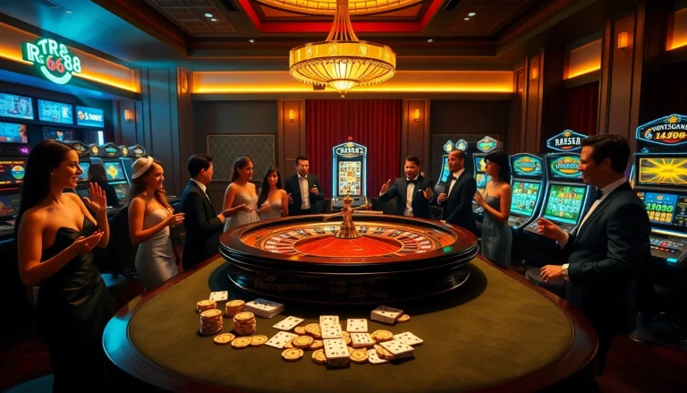 Experience the thrill of RR88 with players at a glamorous casino table, capturing excitement and professional gaming.