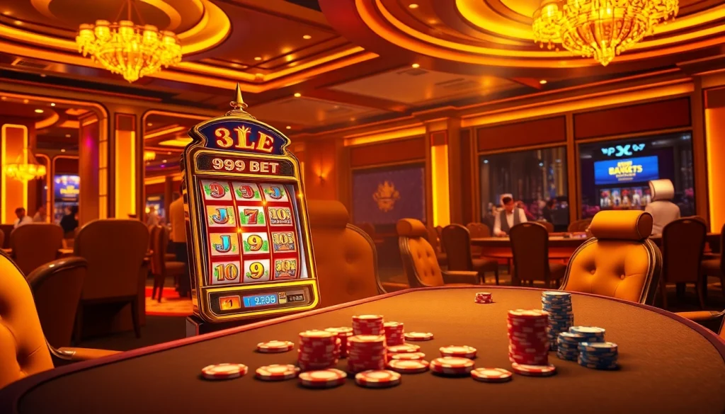 Players enjoying the colorful 999bet slot machine in a vibrant casino atmosphere.