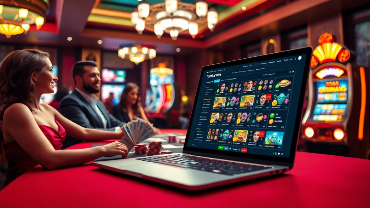A dynamic casino scene featuring players engaged with luckywin, showcasing poker excitement and online gambling.