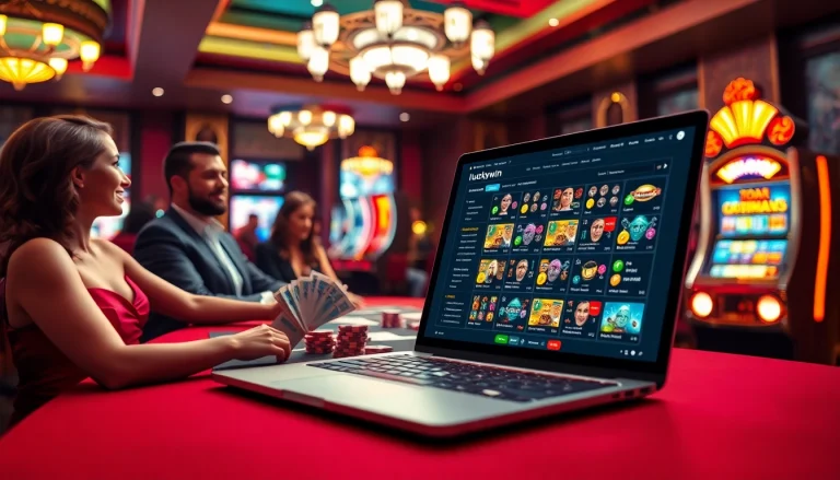 A dynamic casino scene featuring players engaged with luckywin, showcasing poker excitement and online gambling.