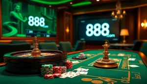 Experience high-stakes gaming at 888new com in a luxurious casino setting with poker chips and vibrant roulette wheel.