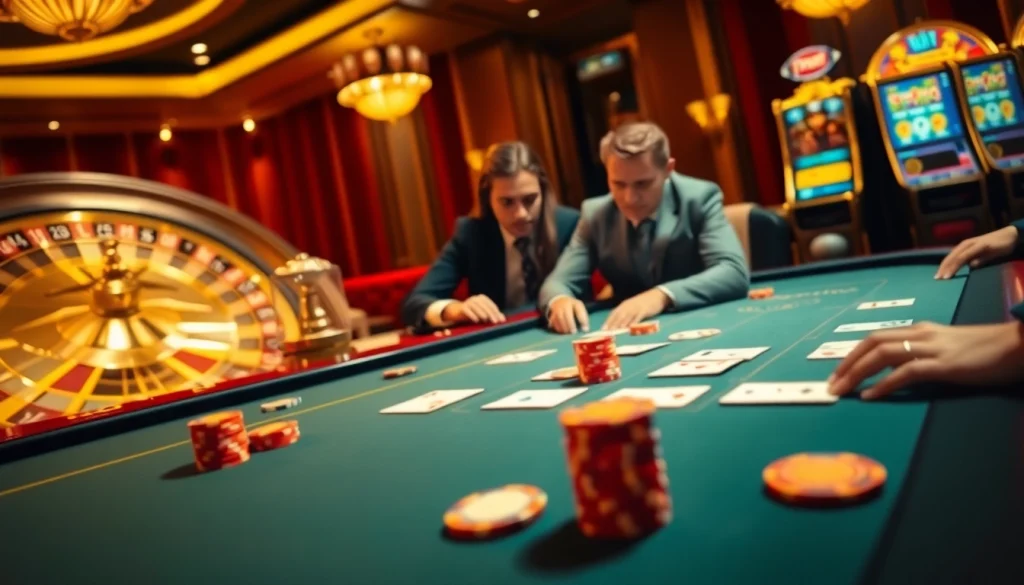 Experience excitement at the ABC 8 casino, with vibrant tables, chips, and gaming screens.