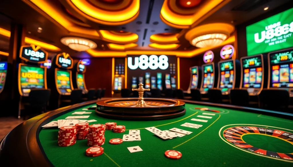 Experience the thrill of gaming at U888 with vibrant casino tables and dynamic slot machines.