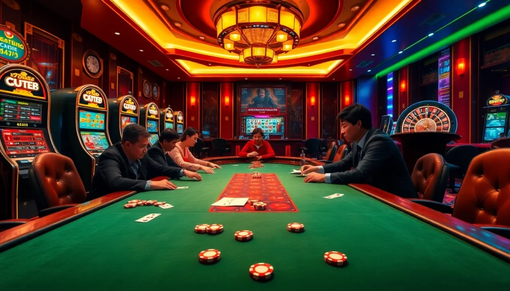 Join the thrilling action at trang chủ BL555 with a vibrant casino scene featuring poker players and slot machines.