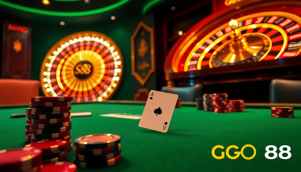 Engaging casino scene highlighting GO 88 poker chips and cards on a luxurious table.