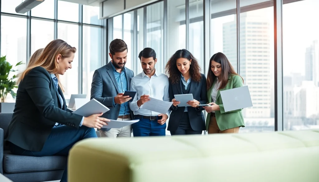 Marketing consultancy team collaborating in a modern office with city views