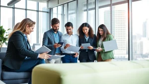 Marketing consultancy team collaborating in a modern office with city views