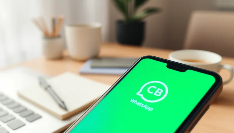 GB WhatsApp shown on a smartphone in a modern workspace, signifying advanced messaging options.