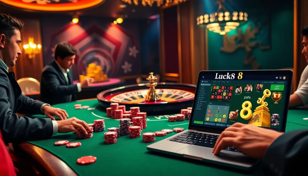 Luck8's immersive casino experience featuring a live poker game with vibrant chips and a spinning roulette wheel.